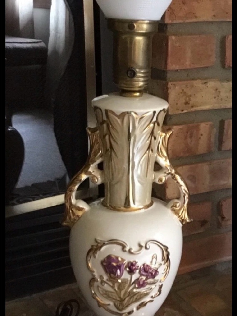 Working Antique Brass-Porcelain Table Lamps W/ Corning Lamp Shade Asian Flowers